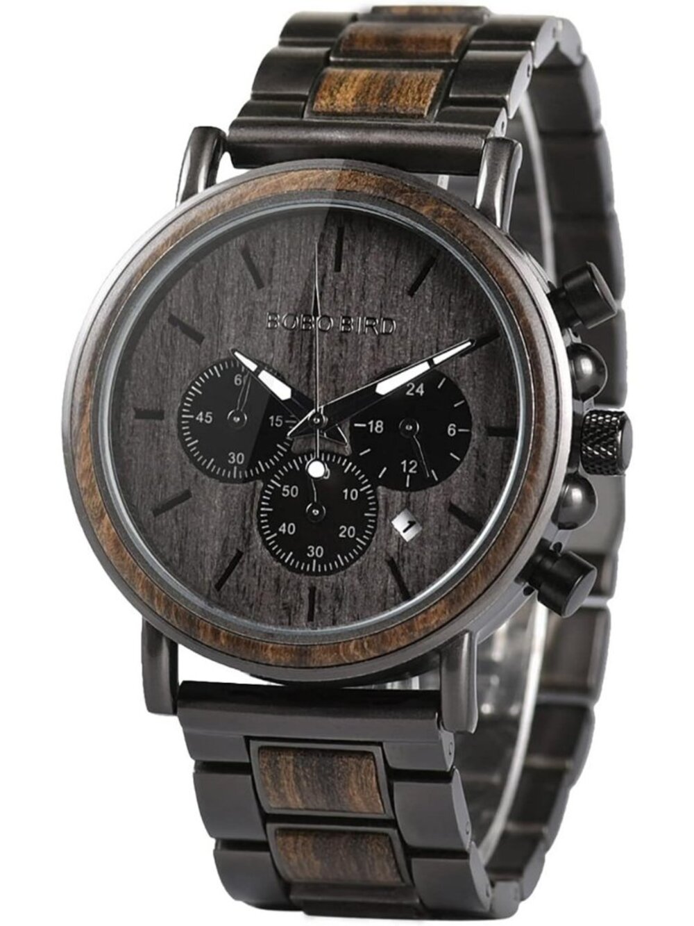 Stylish Wooden & Stainless Steel Men's Chronograph Watch - Casual Military